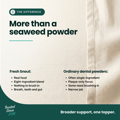 An informational graphic with a cream-colored fabric background and dark teal text reading 'More than a seaweed powder' and 'Fresh Snout:'. It compares fresh snout dental powders with ordinary dental powders, with 'The Difference' logo at the top and a dark teal footer at the bottom.