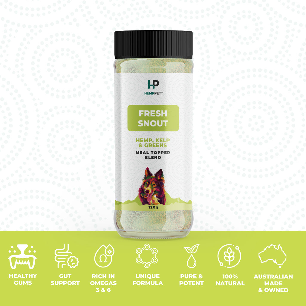 Hemp pet product jar labeled 'Fresh Snout' with branding and product details on a white background.