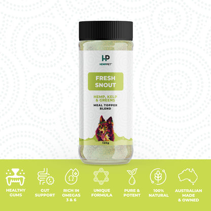 Hemp pet product jar labeled 'Fresh Snout' with branding and product details on a white background.