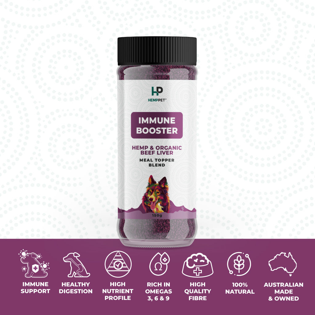 Hemp pet immune booster product with label and features on a white background