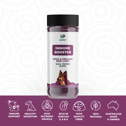 Hemp pet immune booster product with label and features on a white background