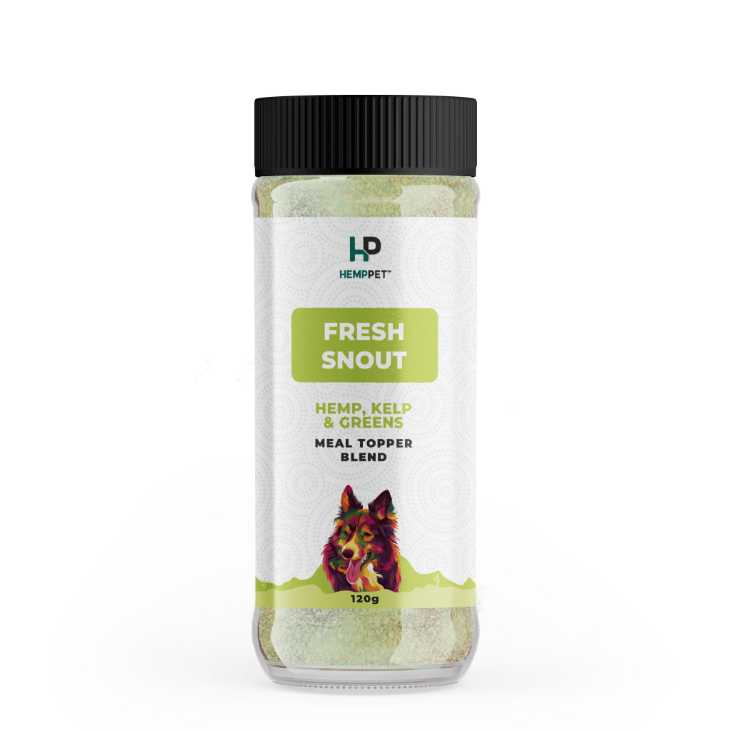 Bottle of Hempet Fresh Snout meal topper blend on a white background