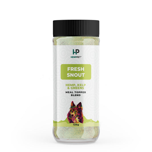 Bottle of Hempet Fresh Snout meal topper blend on a white background