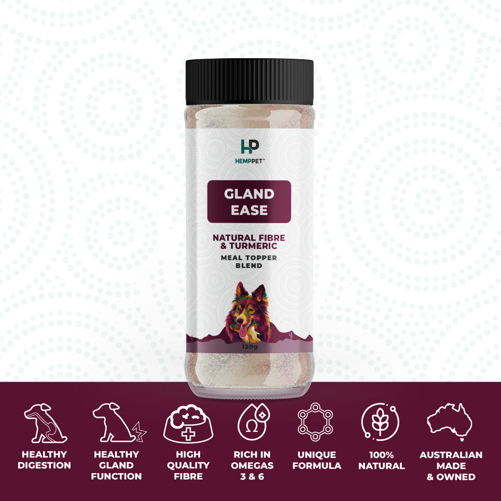 Bottle of Gland Ease natural fiber and turmeric blend with HEMPETT branding on a white background.