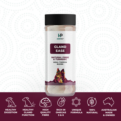 Bottle of Gland Ease natural fiber and turmeric blend with HEMPETT branding on a white background.