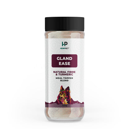 Hemppet Gland Ease supplement jar for pets on a white background
