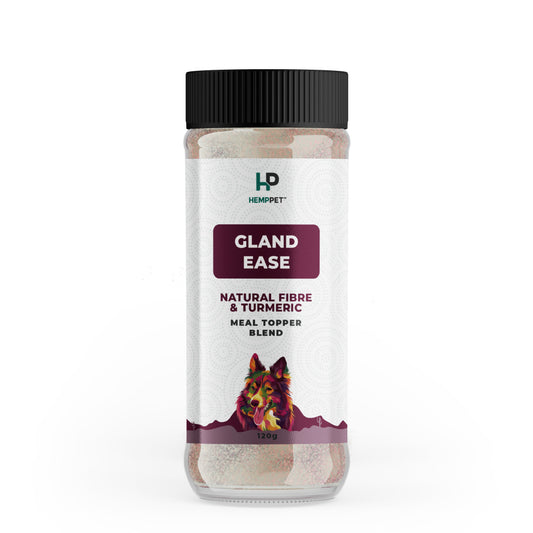Hemppet Gland Ease supplement jar for pets on a white background